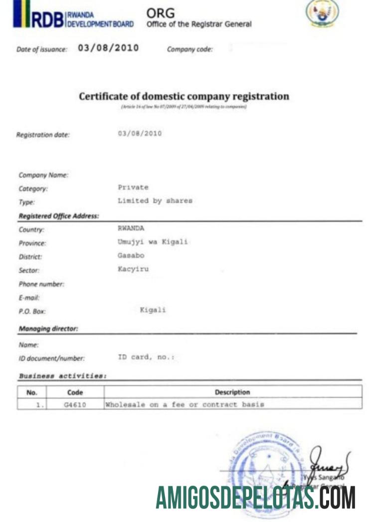 Exemplo de certificado de registro de empresa nacional em Ruanda